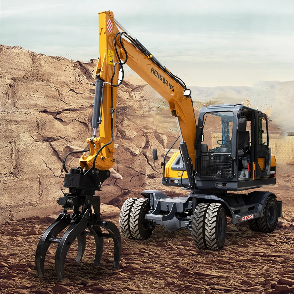 China Top Brand hengwang digger excavator 7 ton 8 ton 10 ton wheel excavator with hydraulic hammer