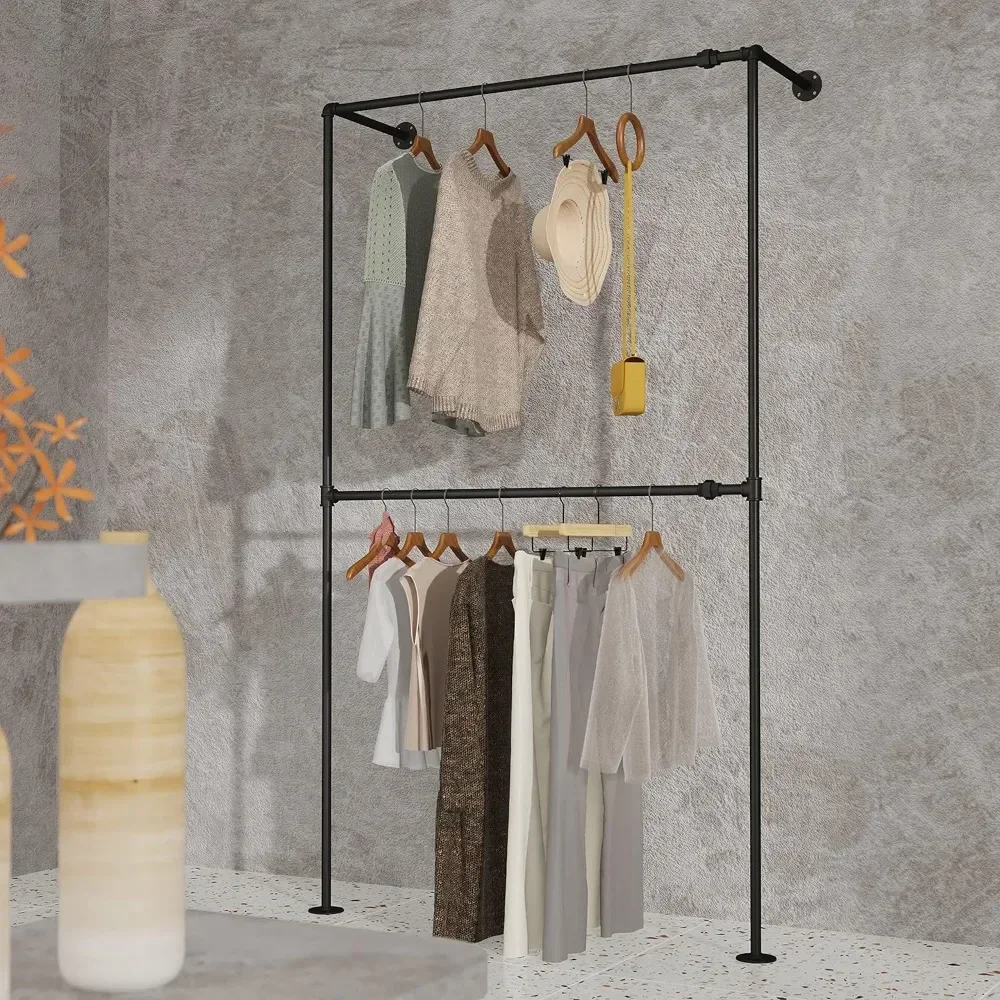 

Industrial Pipe Clothing Rack Wall Mounted, Metal Clothes Racks for Hanging Clothes, Display Cloths Rack, 2 Tier Deluxe Design