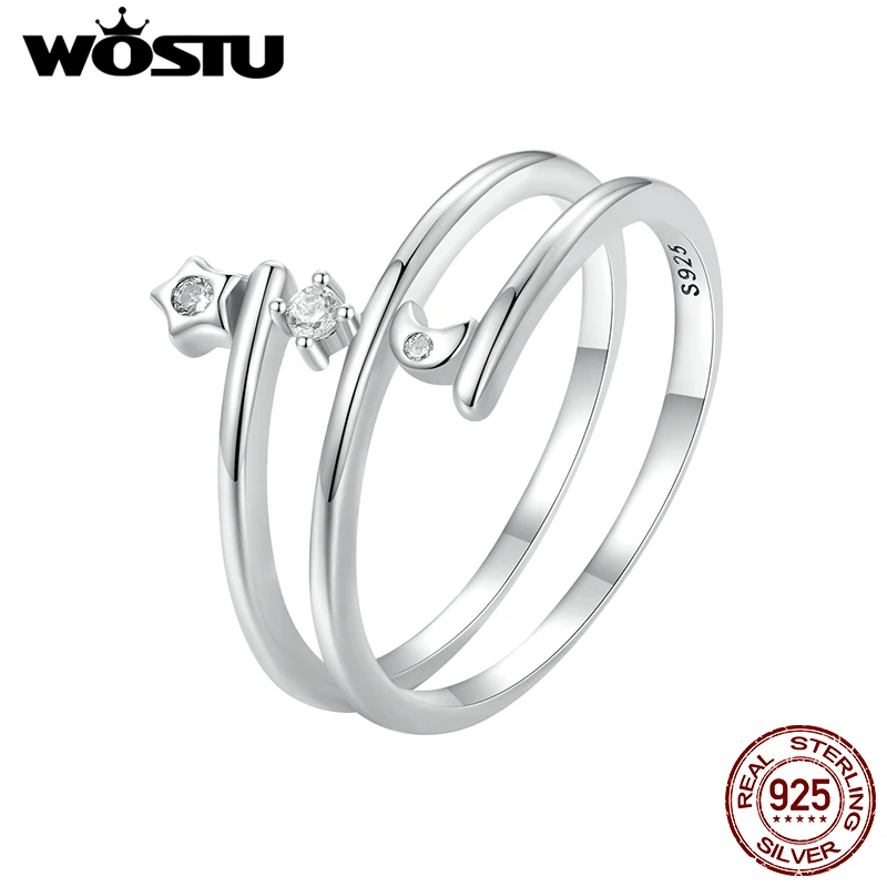 WOSTU Real 925 Sterling Silver Luxury Multi-layered Stars and Moon Ring Shiny Zircon Rings for Women Birthday Gift Jewelry Party