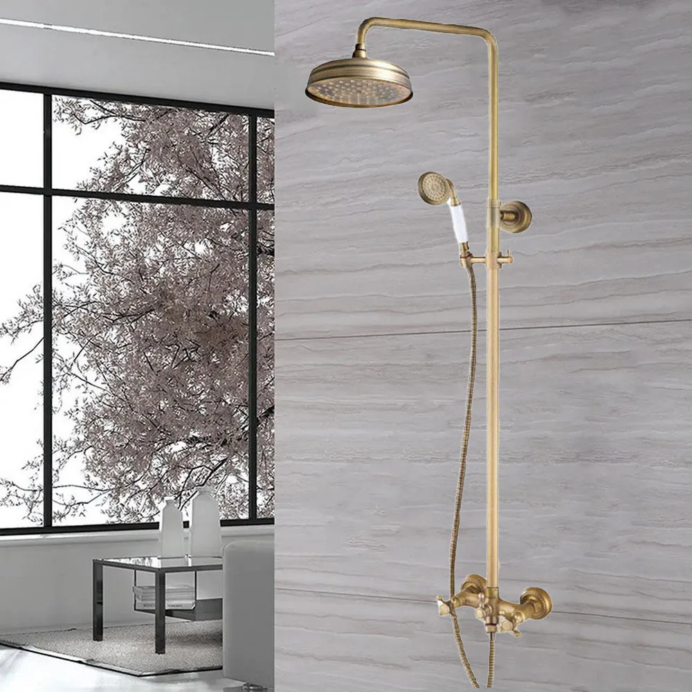 

Antique Brass Wall Mounted Bathroom Dual Handles 8" Inch Rain Shower Head Faucet Set Bath Mixer Tap ars826