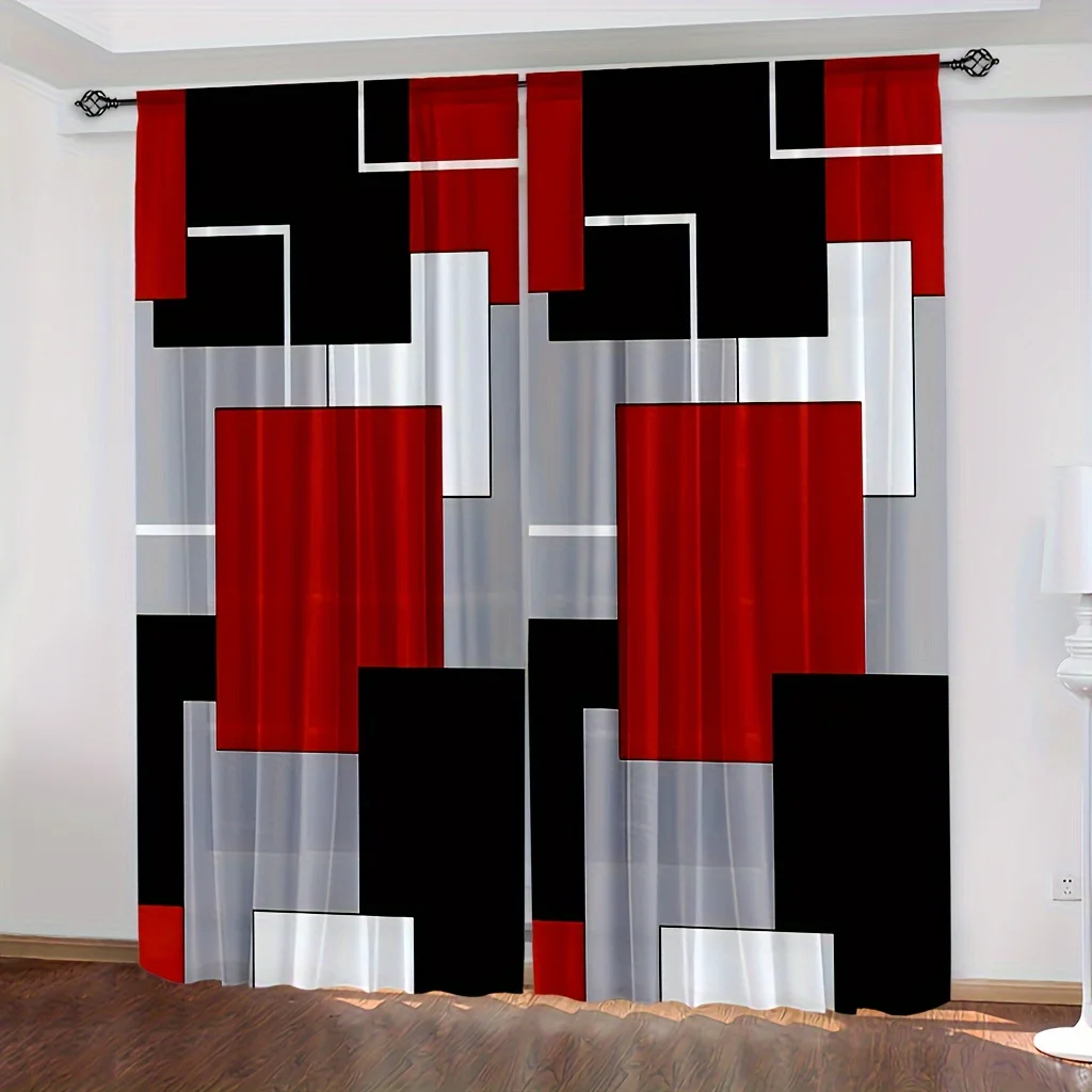 2pcs Plaid Pattern Curtains, Rod Pockets Window Treatment, Suitable For Living Room Bedroom Decor, Red White Grey Black Curtains