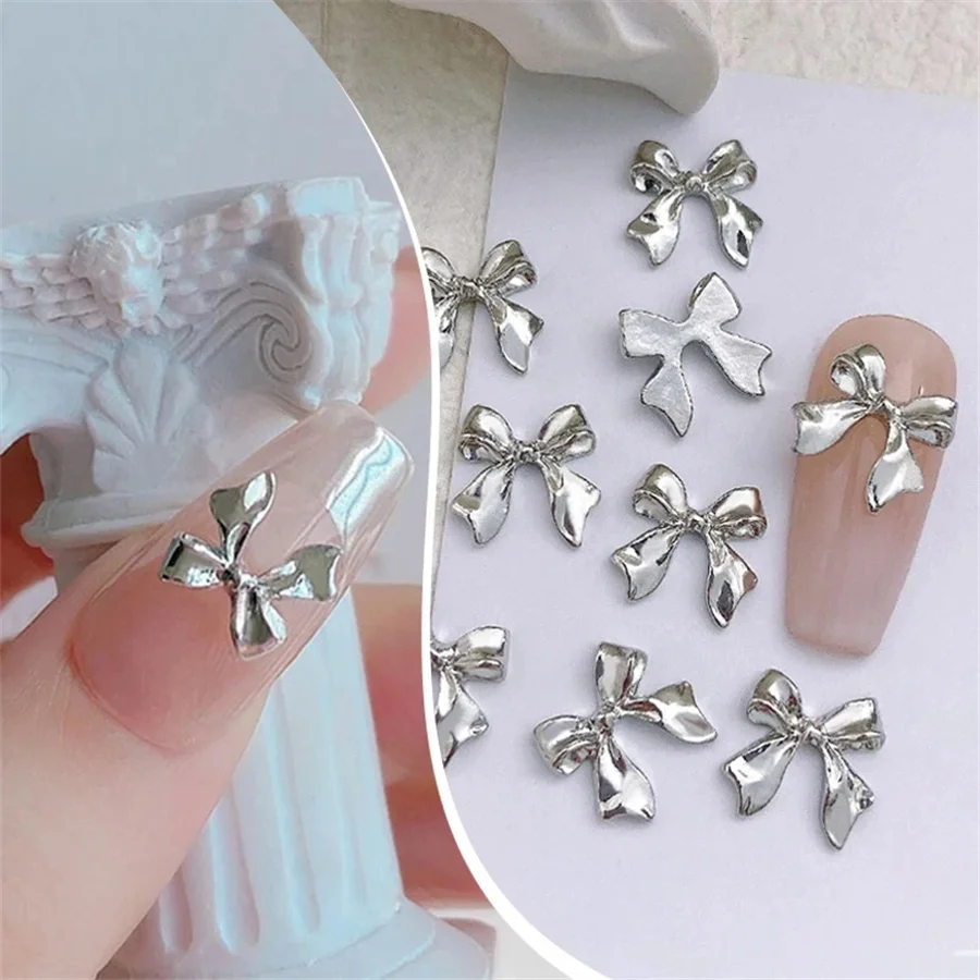 10pcs/Bag Metal 3D Bowknot Grey Gold Jewelry Nail Art Decorations Studs Charms Rhinestones Manicure Decorate For DIY Women
