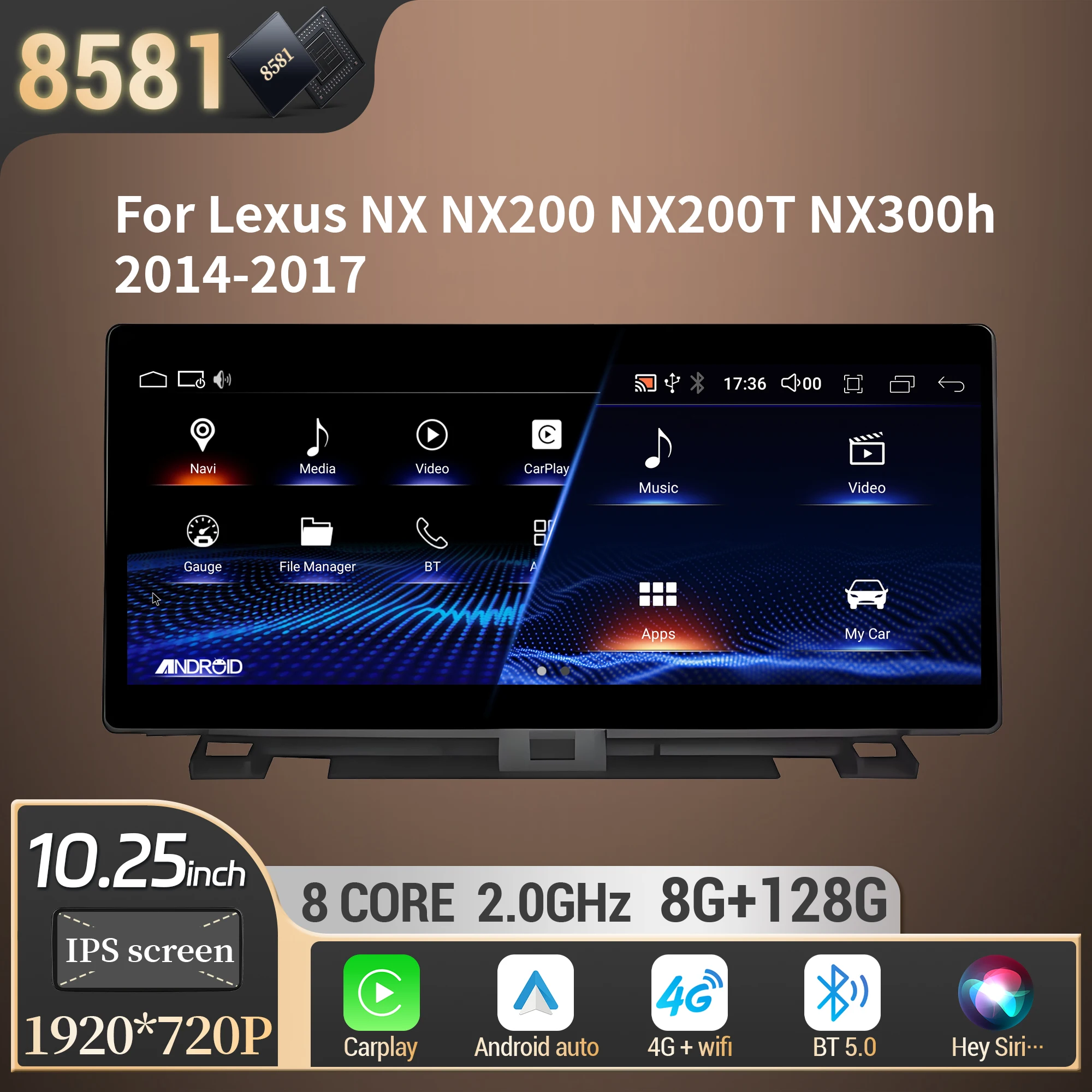 

10.25" For Lexus NX NX200 NX200T NX300h 2014-2017 Android 14 Car Radio Multimedia Navigation GPS Wireless CarPlay Touch Screen