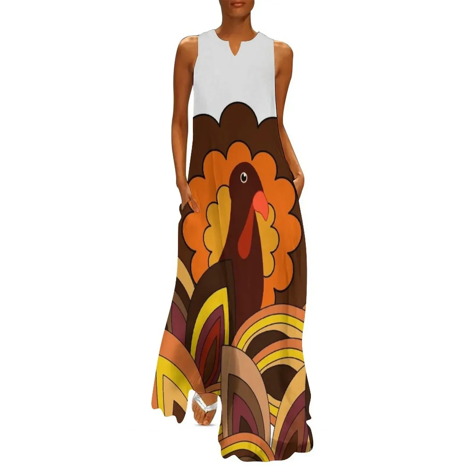 

Retro Thanksgiving Turkey on White Long Dress Women's dress Women's dresses dress women summer
