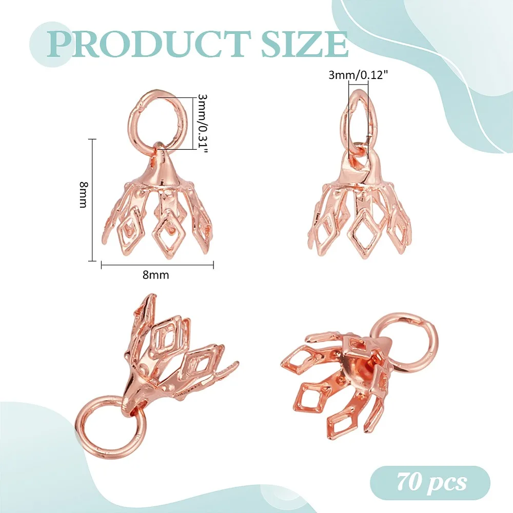 70Pcs Flower Rack Plating Brass Filigree Bead Cap Bails 7-Petal Rose Gold 8x8mm Hole: 3mm view 2