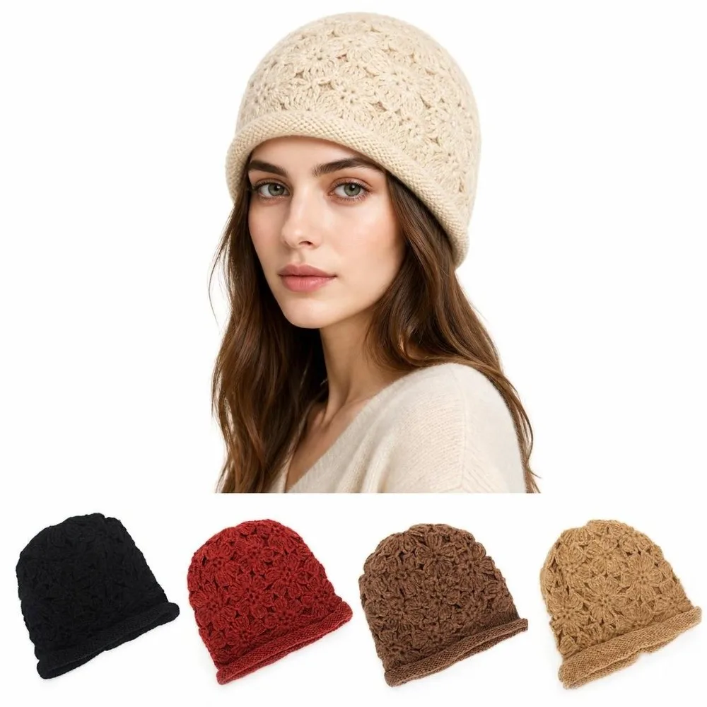Hollow Handmade Crochet Hat Double-Layer Thick Knit Knitted Beanie Hat 3D Flower Cold Weather Wear Rolled Edge Cap Outdoor