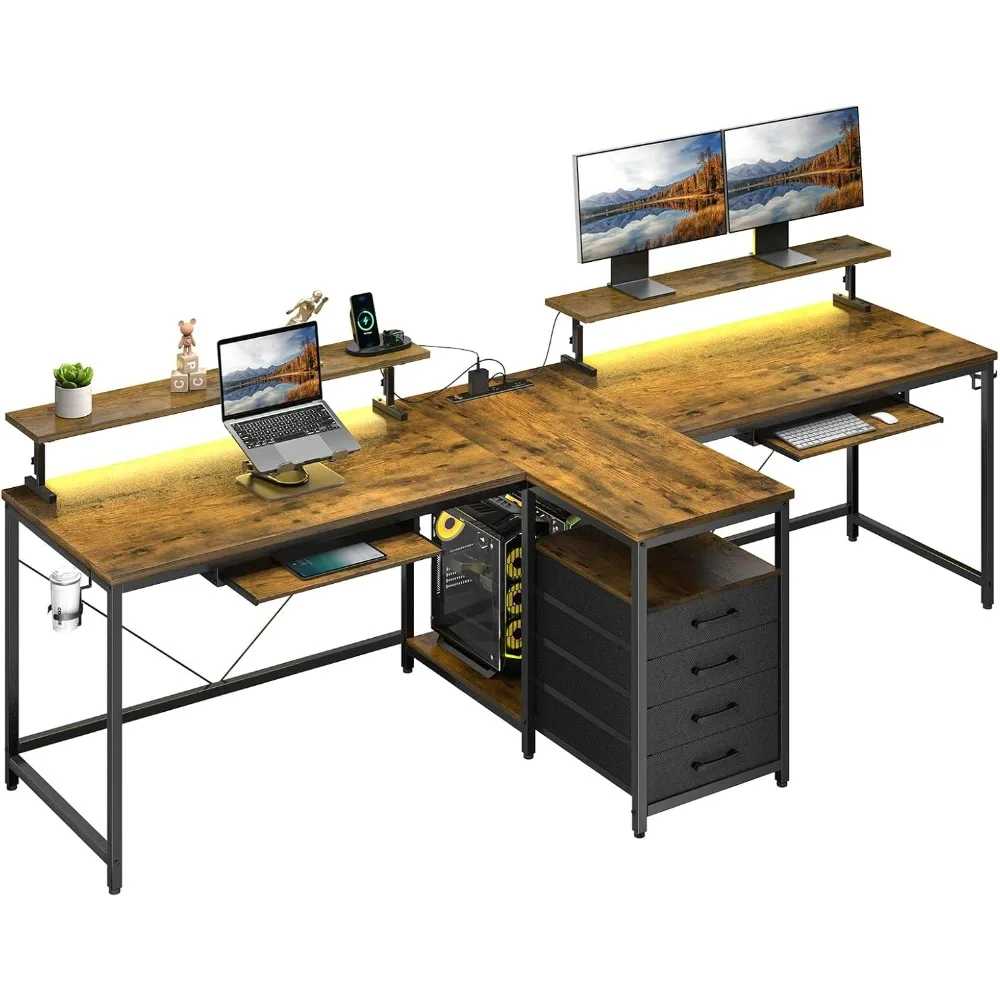 

2 Person Desk with Power Outlet & LED Lights, Extra Long 94.5 Inch Double Person Computer Desk with Storage Shelves,Keyboard Tra