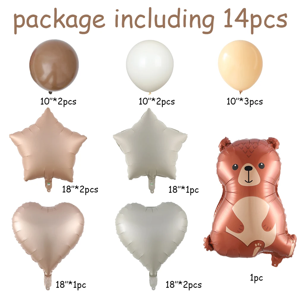 14pcs Brown Bear Theme Balloon Set Five-pointed Star Peach Heart Foil Balloon Birthday Wedding Party Decor Baby Shower Supplies