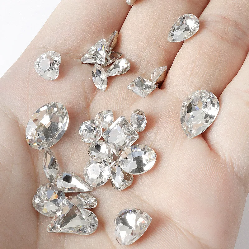 20PCS Sparkle Translucent White Pointed Diamonds Love Marquise Tri Rect Drop Oval Nail Art Rhinestones Jewel Manicure Charms