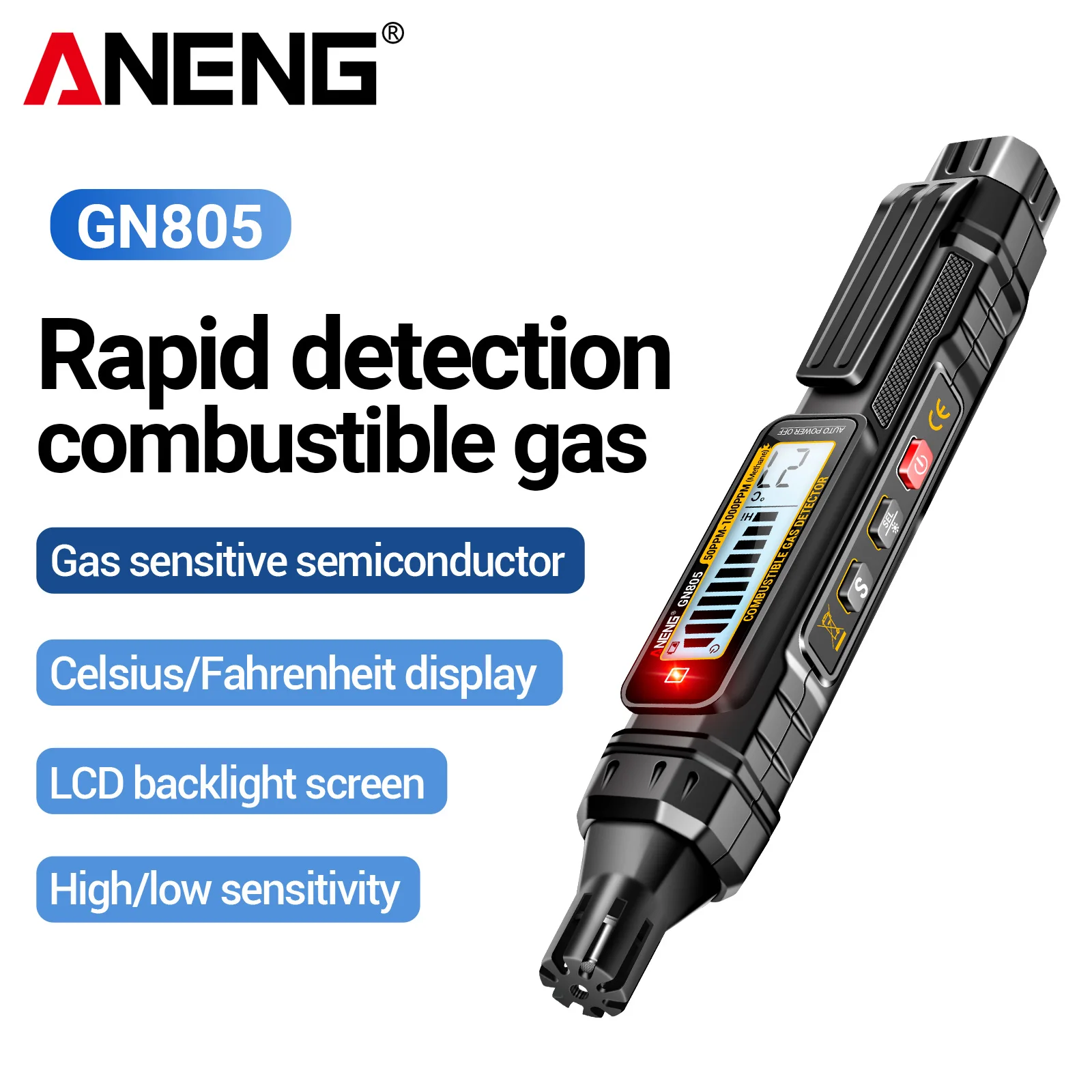 

Портативный газоанализатор ANENG GN805 с двойной звуковой и световой сигнализацией, регулируемой чувствительностью, для автомобиля/дома, портативный детектор газа