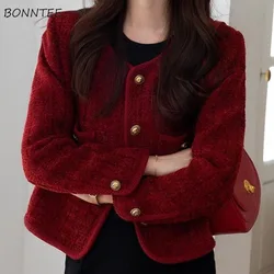 Cropped Jackets Women Solid Casual Button All-match Gentle Elegant French Style Temperament Classic Prevalent Autumn Winter Coat