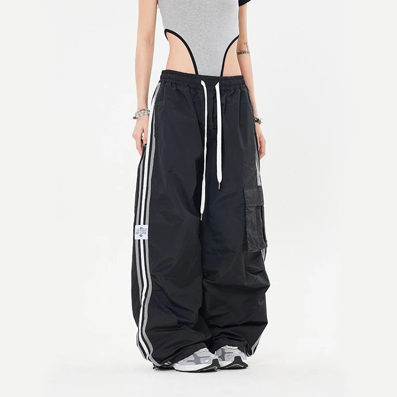 Y2K Stripe Cargo Pants Women High Waist Chic Drawstring Pockets Wide Leg Punk Pants Baggy Streetwear Sports Jogger Trousers