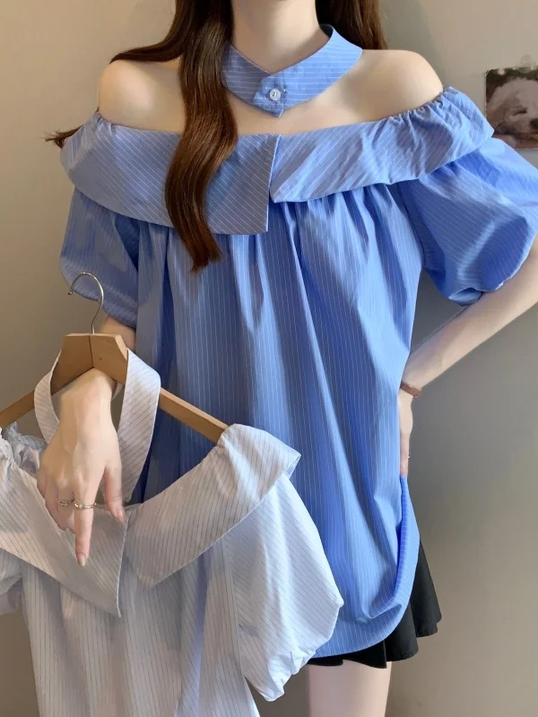 

Модная полосатая рубашка больших размеров с коротким рукавом, летний топ на одно плечо, скрывающий недостатки фигуры, женский топ во французском стиле, свободный крой