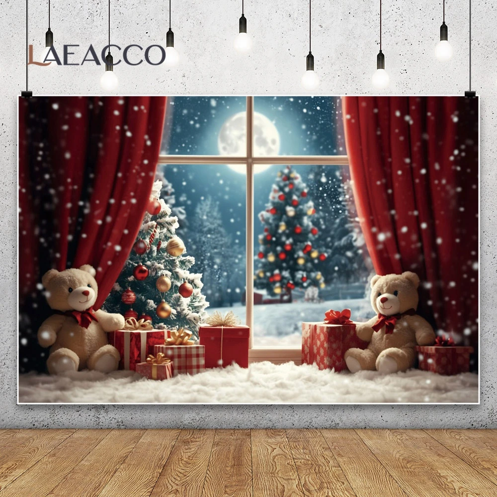 Merry Christmas Teddy Bear Doll Photography Background Xmas Tree Red Curtain Window Decor Kid Portrait Indoor Photocall Backdrop