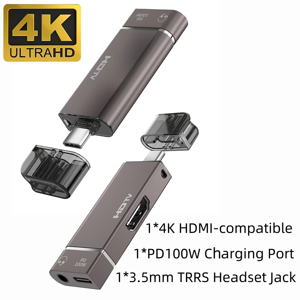 Док-станция 3в1 USB C с 4K HDMI-совместимой/3,5 мм TRRS, аудиоразъем для гарнитуры/PD, зарядка 100 Вт, совместимая с переключателем Macbook