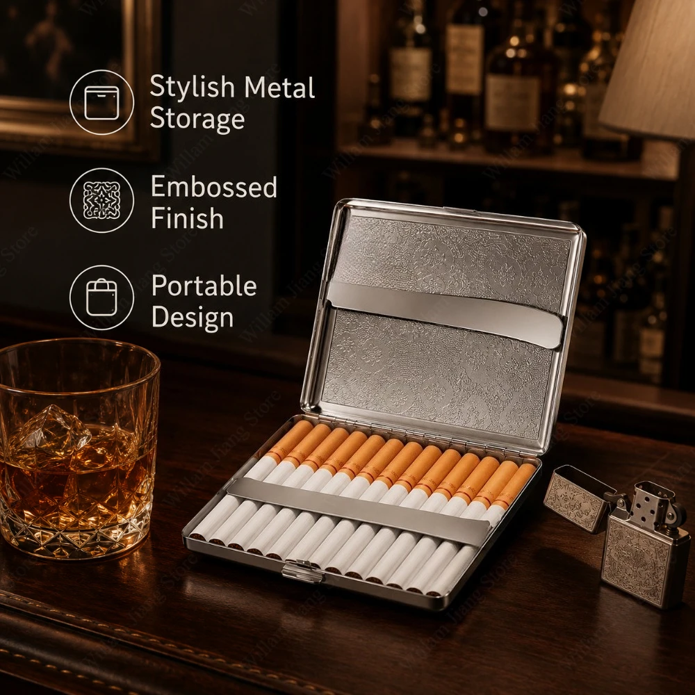 1 PC Stainless Steel Tobacco Cigarette Case Embossed Metal Pocket Storage Box Portable Holder for Travel Outdoor Smoking Use