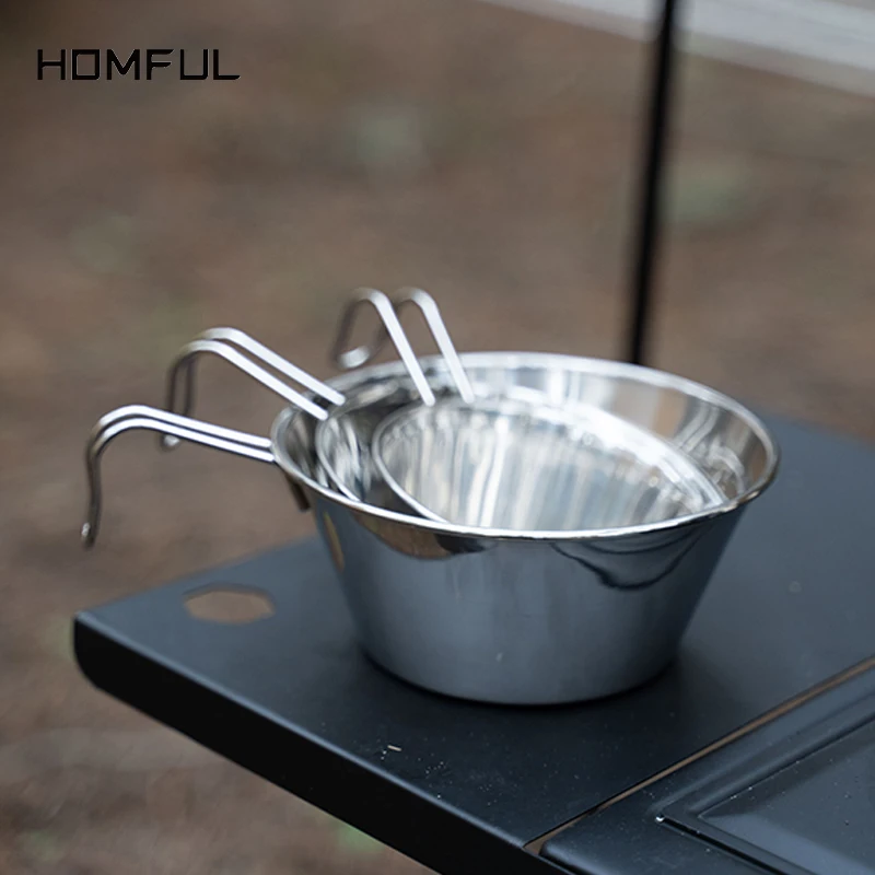 HOMFUL Outdoor Stainless Steel Snow Bowl Camping Picnic Hiking Coffee Cup Barbecue Portable Handle Hook Tableware Dishes