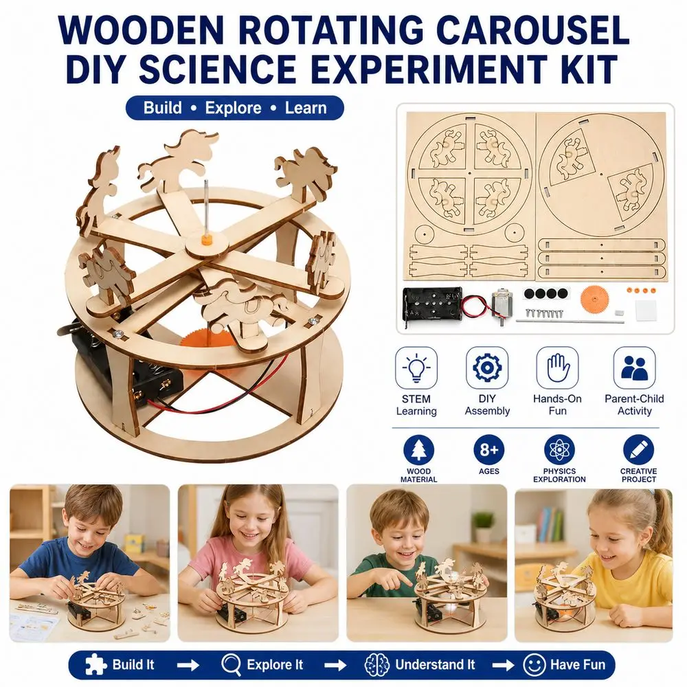 3D Wooden Carousel Model Hands-On Assembly Physics Demonstration Rotating Carousel Model Horse Figure DIY Carousel Kit