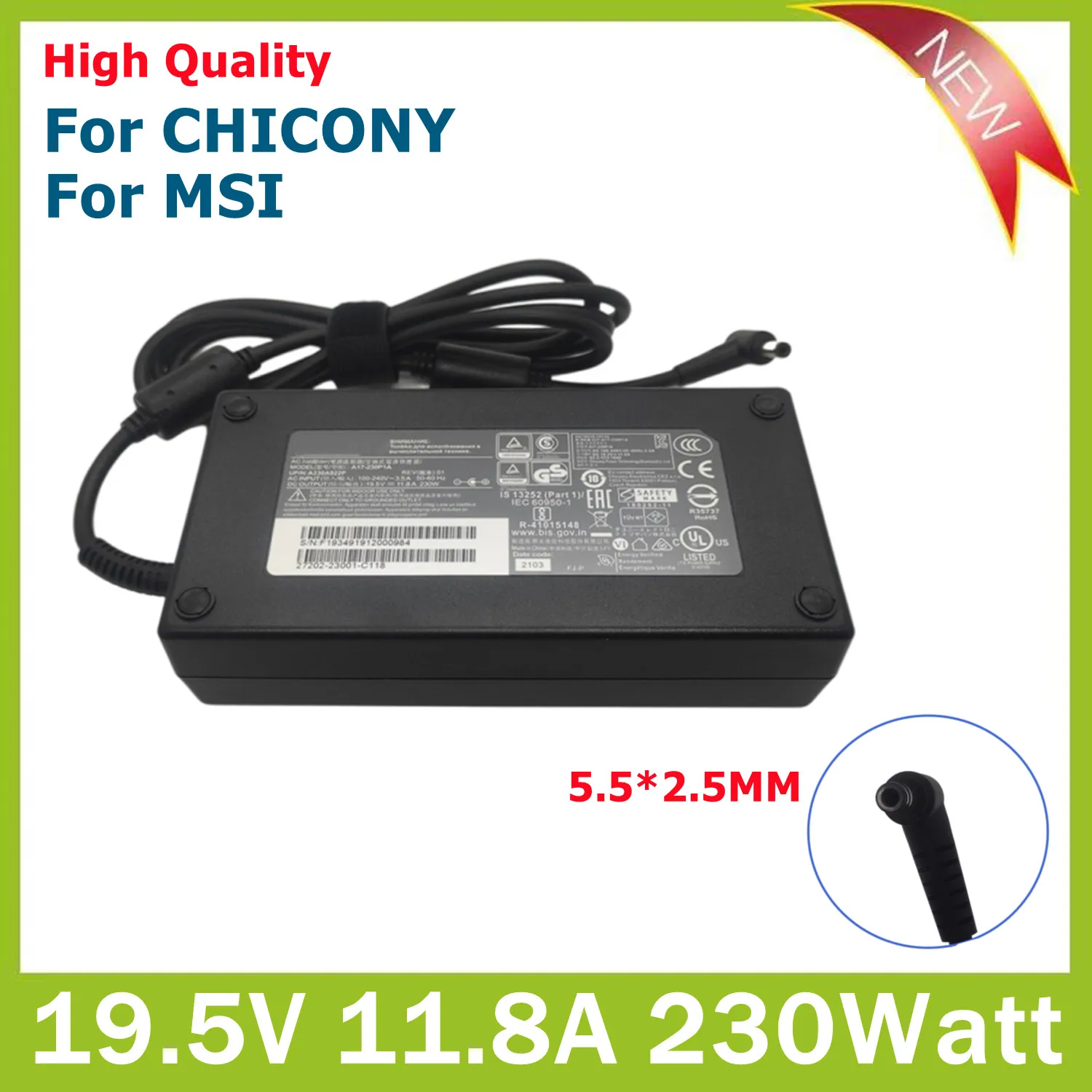 

230W 19.5V 11.8A Charger A17-230P1A AC Adapter for Chicony/Msi GS73 X811 T7X-B STEALTH-248 8SF GS65 Power Supply A12-230P1A Cord