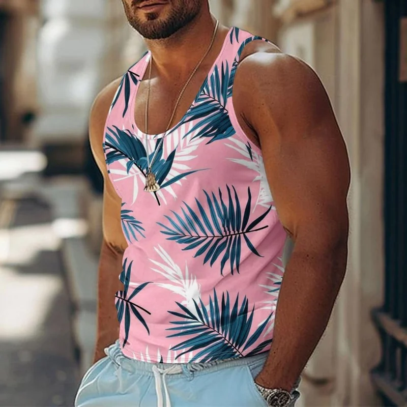 3D Printed Leaf Geometry Tank Tops For Man Color Gradient Pattern Tees Summer Casual Vest Oversized Sports Street Tank Top