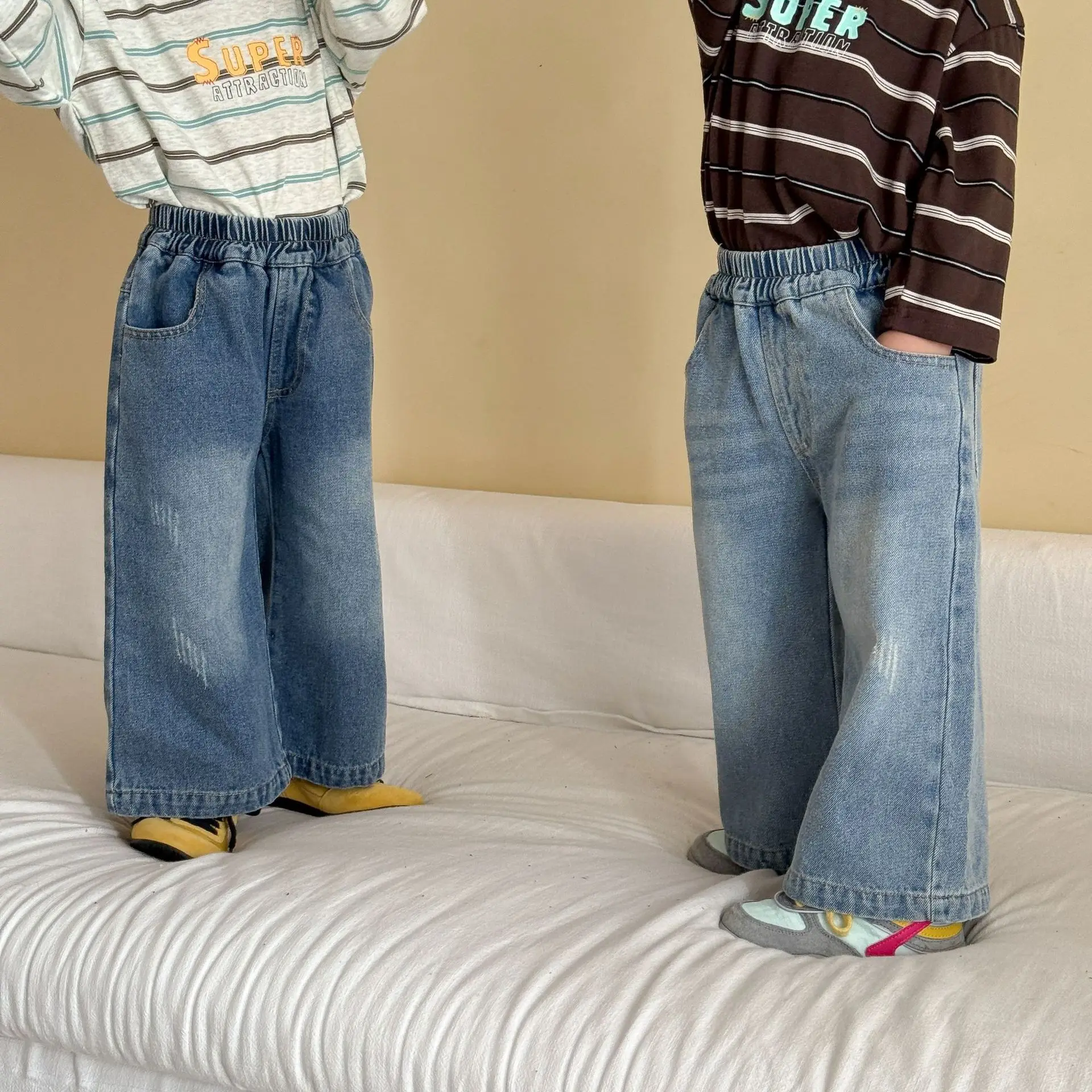 2026 Autumn New Children Denim Trousers Solid Girls Straight Wide Leg Pants Boys Casual Pants Fashion Jeans Kids Clothes