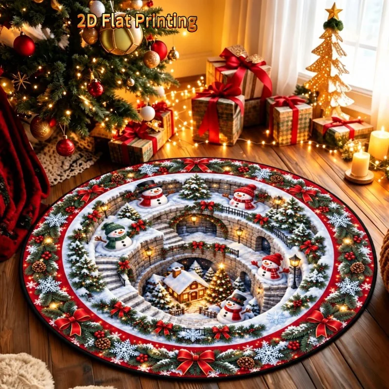 3D Snowman Village Staircase Round Rug Stone Bridge Cabin Scene Festive Decor