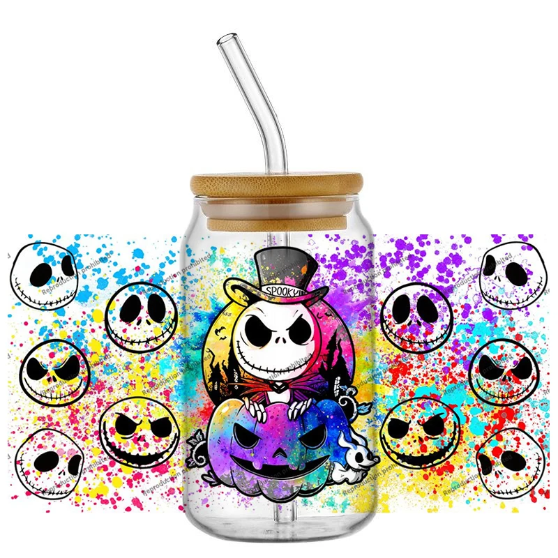 Nuevos Diseños de Halloween, Adhesivos 3D UV DTF de 16oz con Diseño de Jack Skellington y Sally para Vasos, Tazas y Botellas