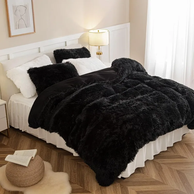 Plush Fluffy Duvet Cover Luxury Ultra Soft Shaggy Crystal Velvet Bedding Set 3 Pieces(1 + 2 Pillow Shams) Zipper Closure