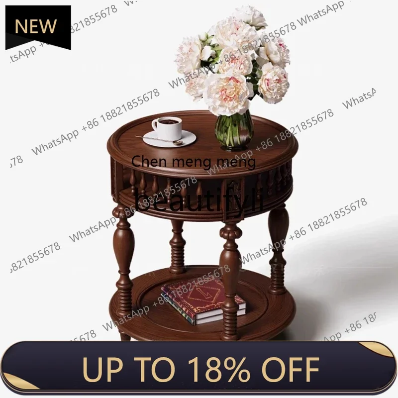 

P178 French retro solid wood trolley American living room movable coffee table medieval style side table