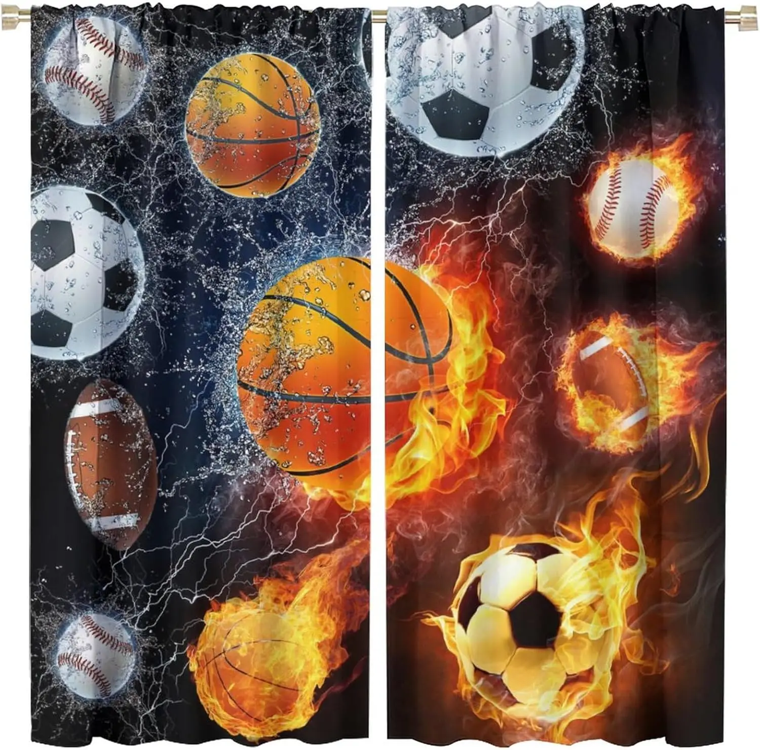 Sports Decor Window Curtains,Fire Water Soccer Basketball Baseball Print Window Drapes,Kids Boys Teen Men Living Room Bedroom