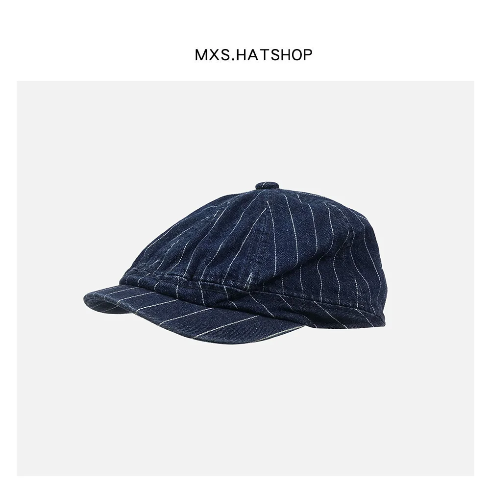

Vintage Street Style Japanese Stripe Denim Boy Scout Cap Men's Painter Hat Inverted Beret British Fashion Casual Summer Hat