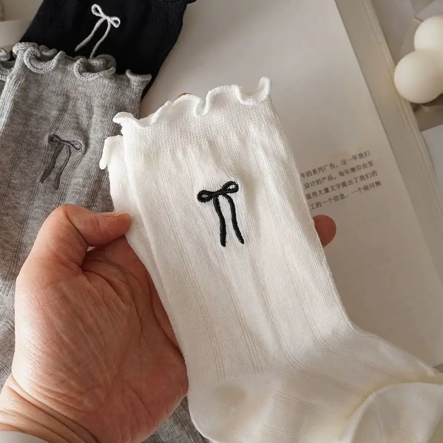 3 Paar Mädchensocken mit Spitzenbesatz, atmungsaktive, gestapelte Socken mit Schleife, Netzsocken in der Mitte der Wade