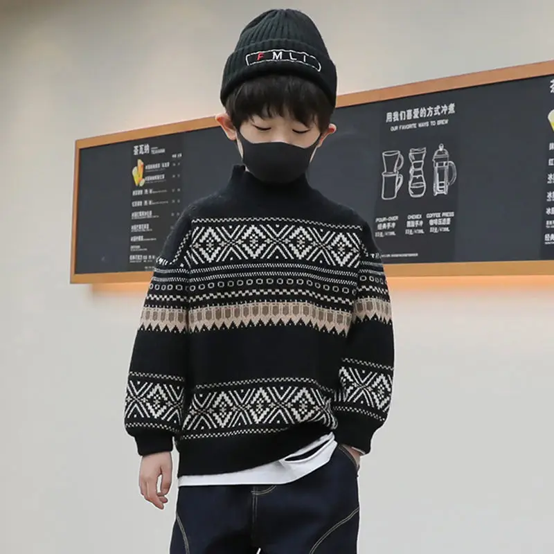 

Boys Sweater Thickened Autumn/Winter New Fashionable Versatile Boys Striped Knitted Sweater Children's Top 6 8 9 10 12 14 Years