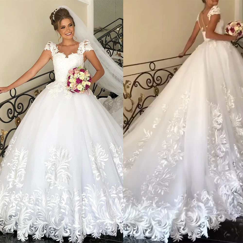 Elegante Vestido de novia Línea A, cuello en V, manga corta, con apliques florales, 2022