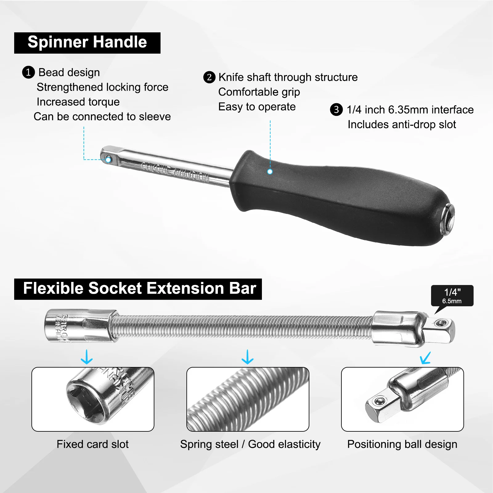 2pcs Set 1/4" Drive Spinner Handle CR-V Drive Socket Set with Drive Spring Flexible Socket Extension Bar for Ratchet Driver