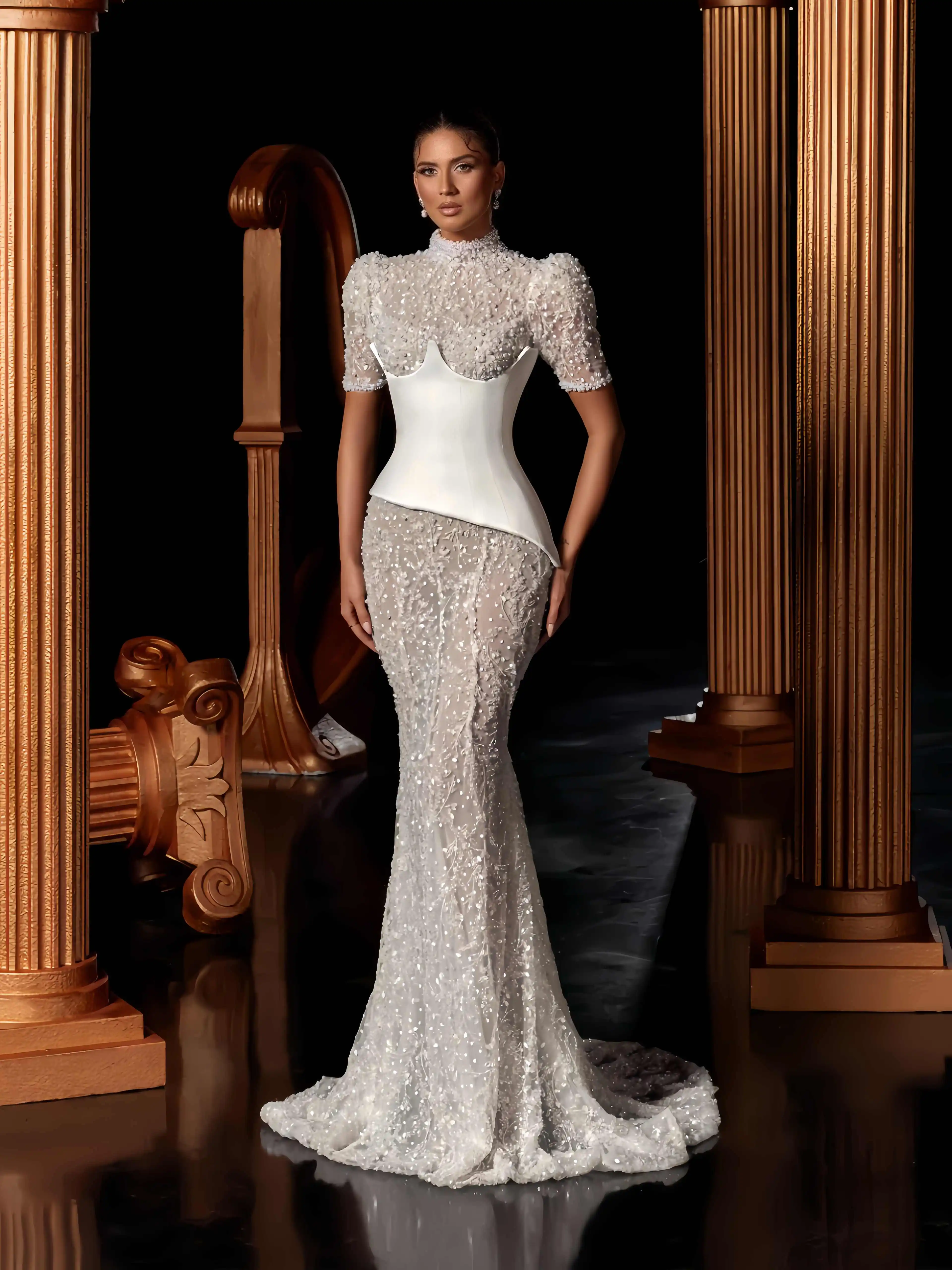 

Роскошное свадебное платье с вышивкой жемчугом по индивидуальному заказу и структурированным корсетом, свадебное платье с высоким воротником и рукавами, платья для невесты, платье