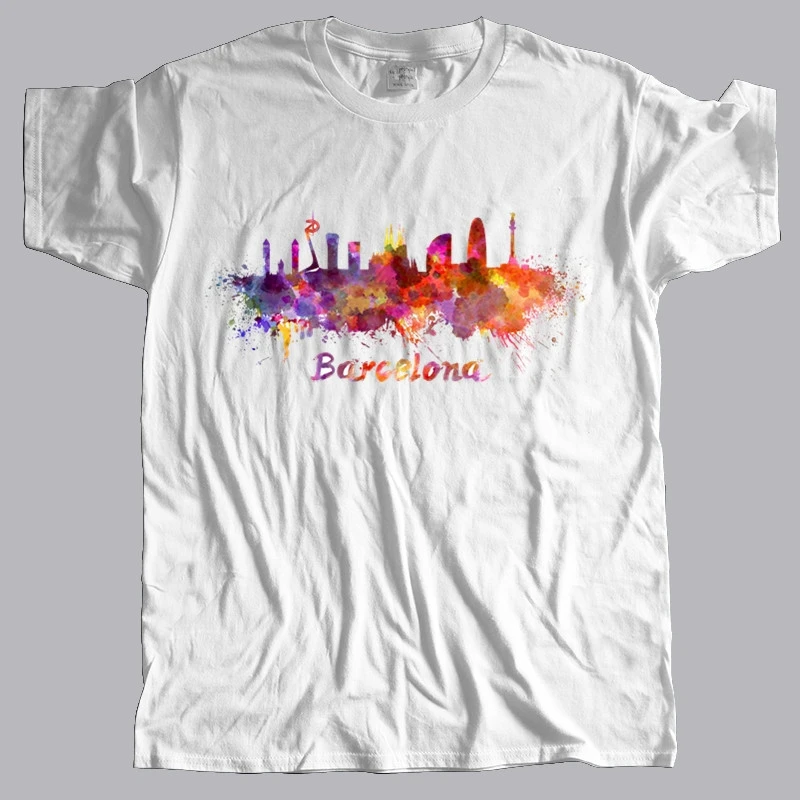 new arrived men t-shirt summer Barcelona skyline in watercolor Men's T shirt Beautiful many color tops fashion unisex tees