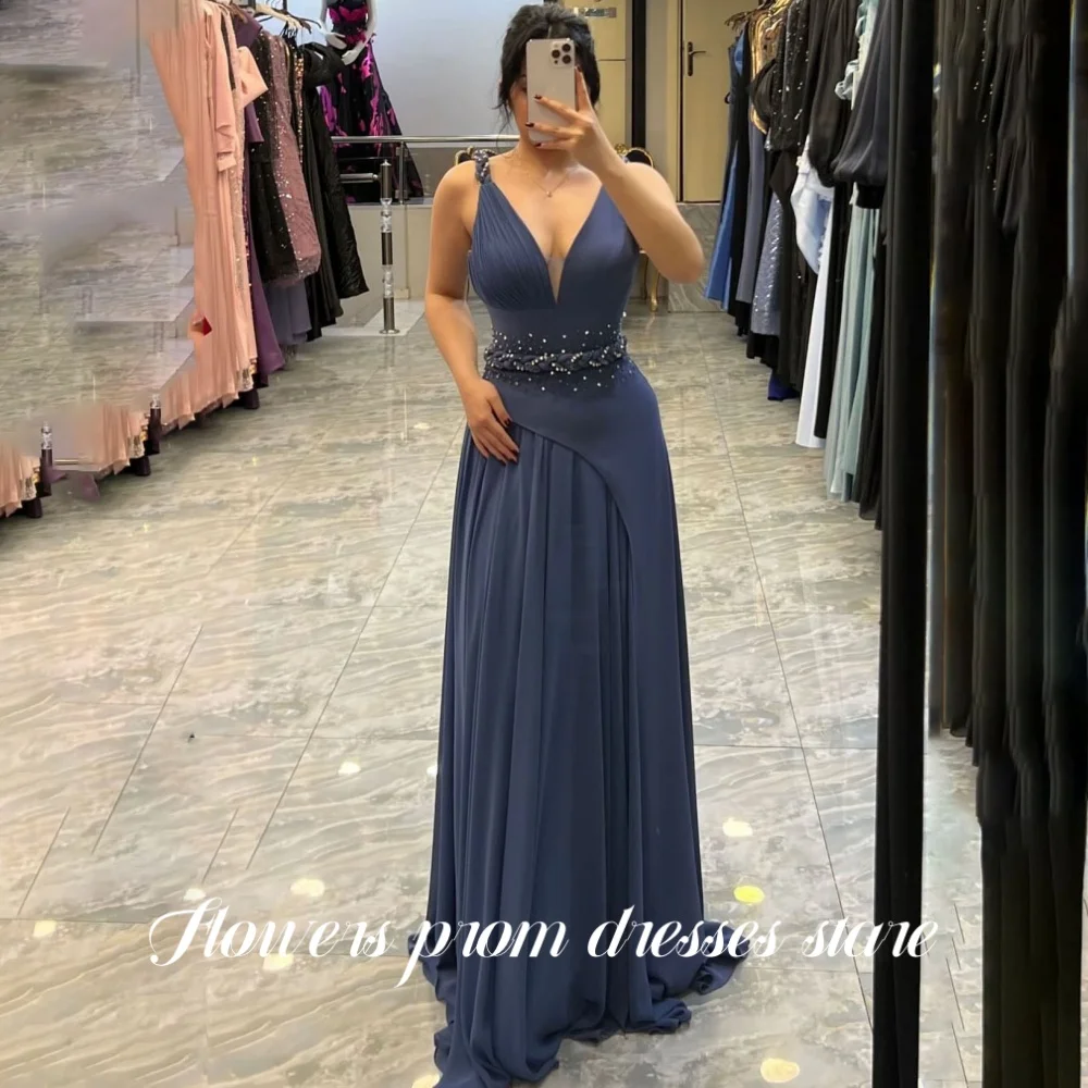 

Flowers V-Neck Dress A Line Party Dress Beading Evening Dress Tank Sleeveless Formal Occasion Dress for Arabic Women Customized
