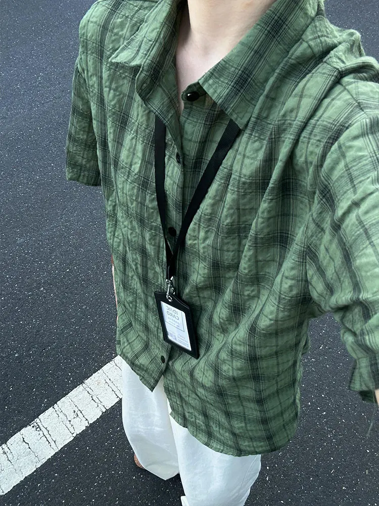 Dopamine Plaid Short Sleeve Shirt Men's Summer Thin Bubble Tie Dye Half Sleeve Open Cardigan Sun Protection Casual Shirt