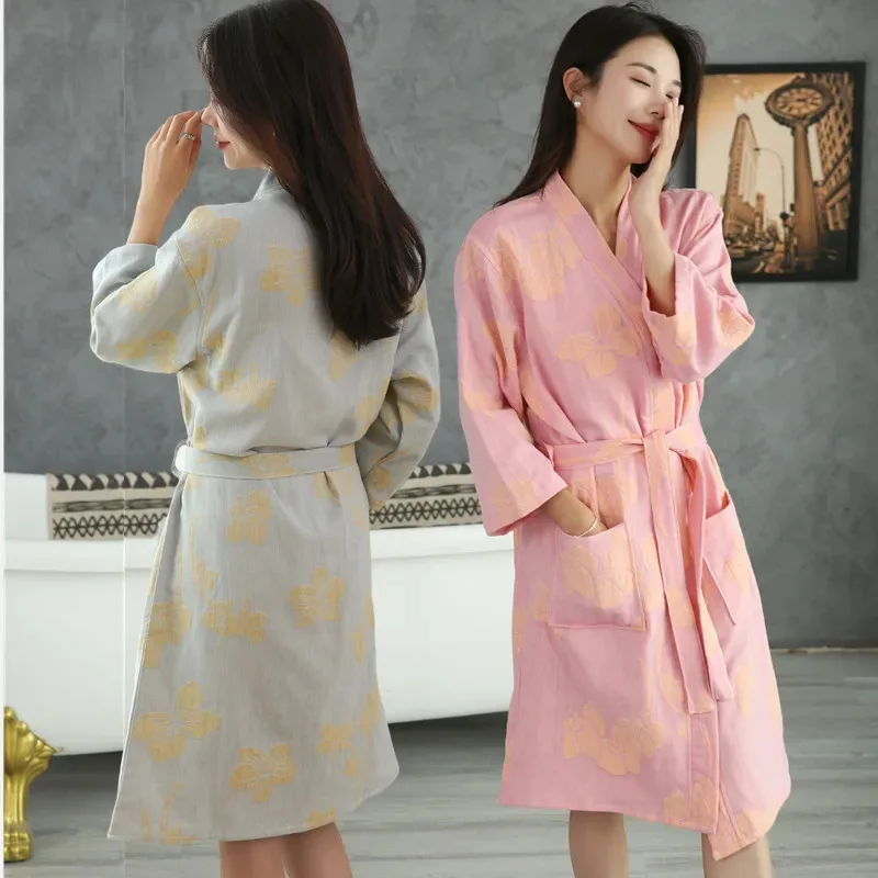 2025 Women's Bathrobe for Spring and Summer Thin Color Woven Cotton Large Size Water Absorbent Quick Drying Sleeping Robes