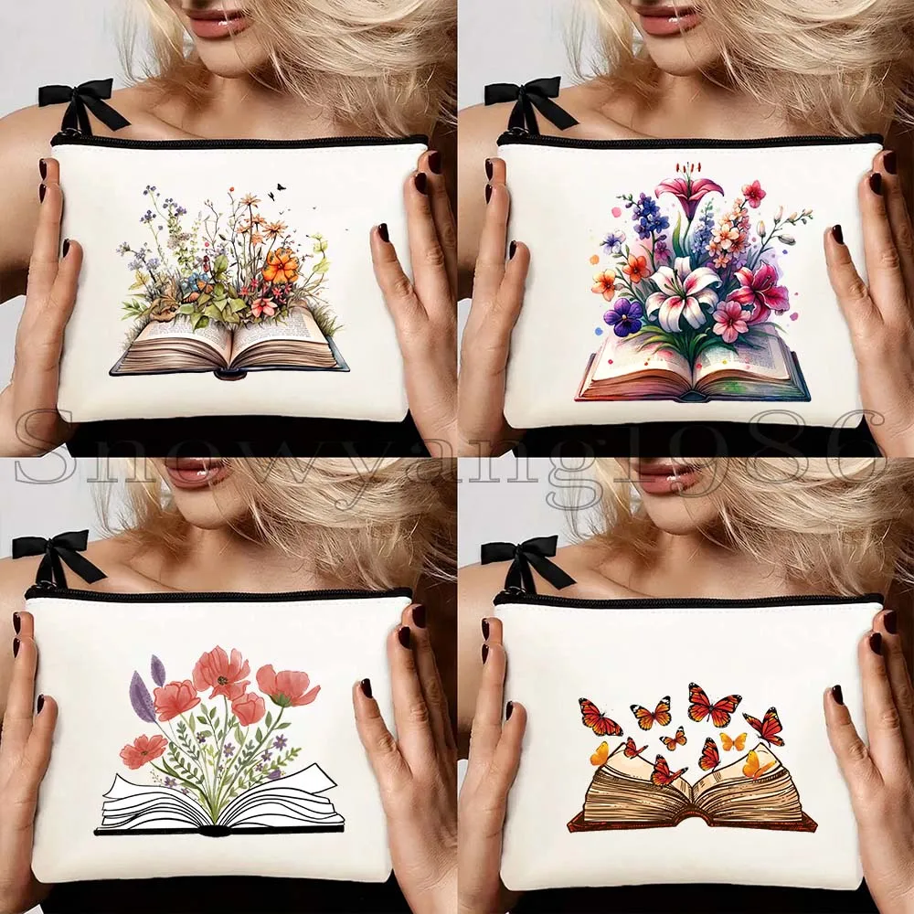 

4pcs Butterflies Flowers Growing From Book Floral Book Aesthetic Books Lover Canvas Storage Cosmetic Bag Makeup Case Pouch
