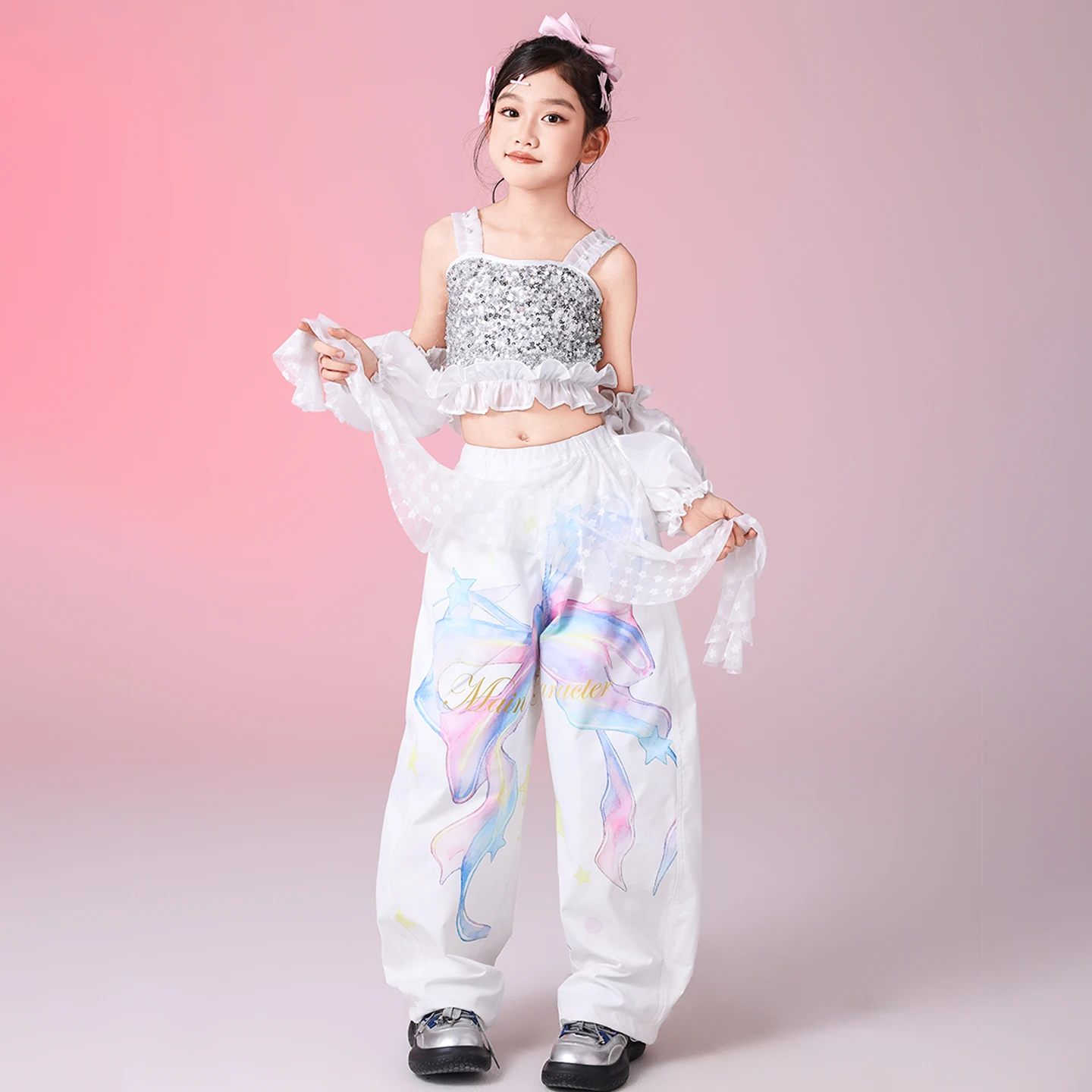ファッションキッズ K-pop 衣装女の子ジャズダンスパフォーマンス衣装スパンコールトップヒップホップパンツ子供社交ダンス服 XS10585