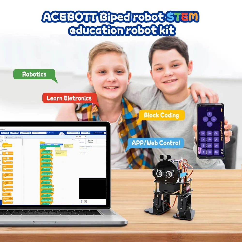 ACEBOTT Bionic Biped Robot Kit for Arduino ESP32 DIY Dancing Electronic Toy APP Control Scratch Blockly programming