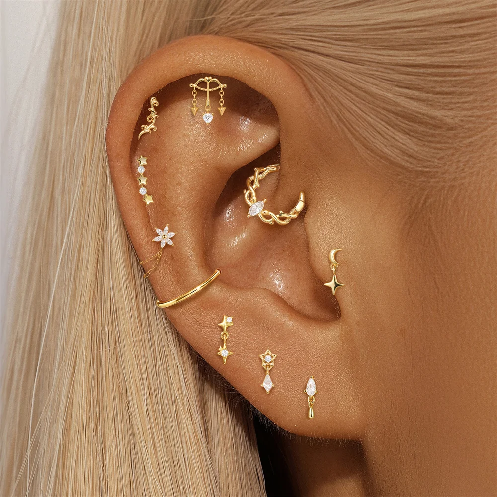 CANNER 1PC 925 Sterling Silver Geometric CZ Snake Long Tassel Flact Back Cartilage Piercing Stud Earring For Women Girls Gift