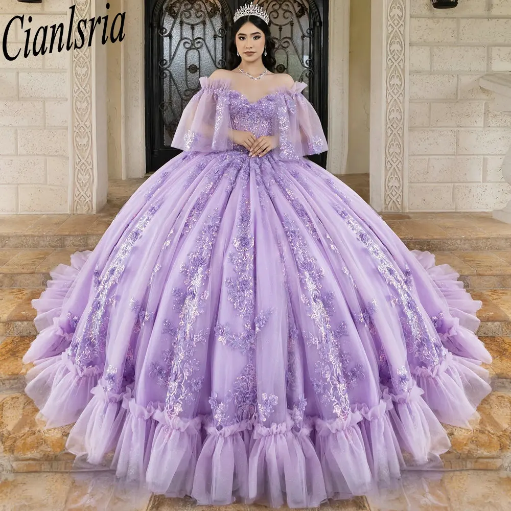 Lilas manches détachables plissées Quinceanera robes robe de bal paillettes Appliques dentelle arc mexicain doux 16 robes 15 Anos