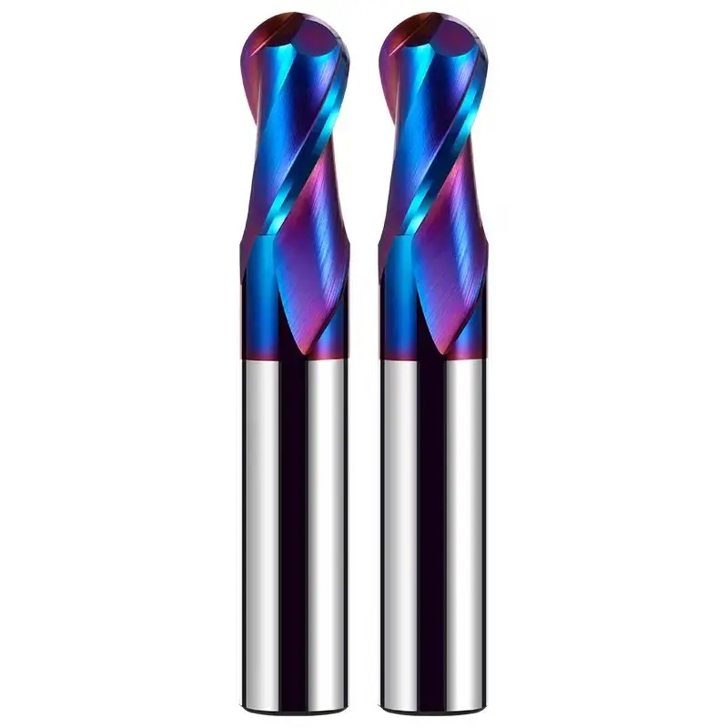 2 Flutes HRC 72 Ball Nose End Mill Super Hard Solid Carbide Milling Cutter for Quenched Steel Machining nACo Coating Long Length