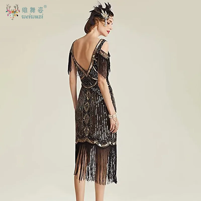 Женское утягивающее платье в стиле ретро с блестками и бисером, кисточками и v-образным вырезом, полые плечи, вечернее платье в стиле Гэтсби или дворцовой вечеринки