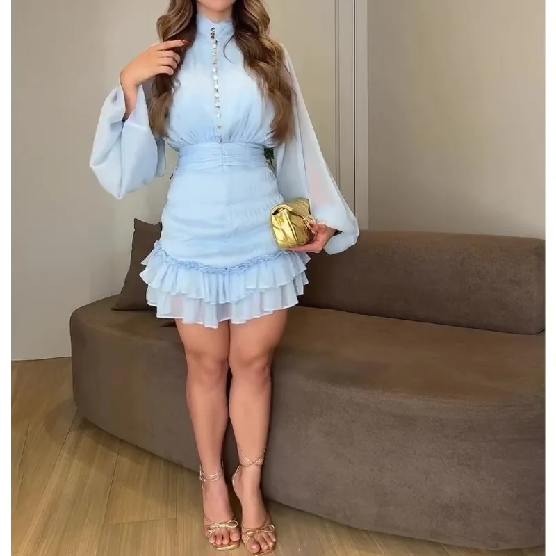 الملابس النسائية 2025 خريف جديد الوقوف طوق فانوس كم كشكش حافة الخصر فستان أنيق يؤرخ فستان #4