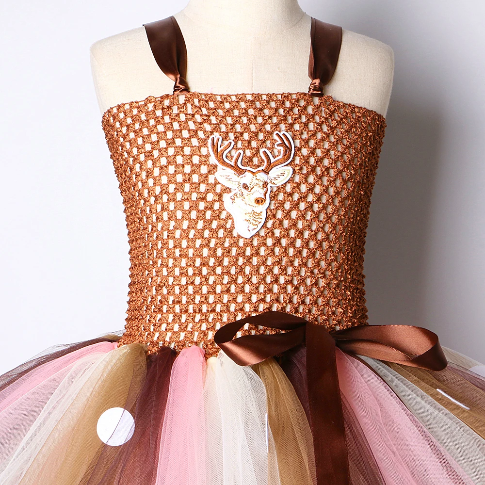 Brown Deer Tutu Dress for Girls Christmas Halloween Costume Kids Reindeer Princess Dresses Knee-length Xmas Children\'s Clothes