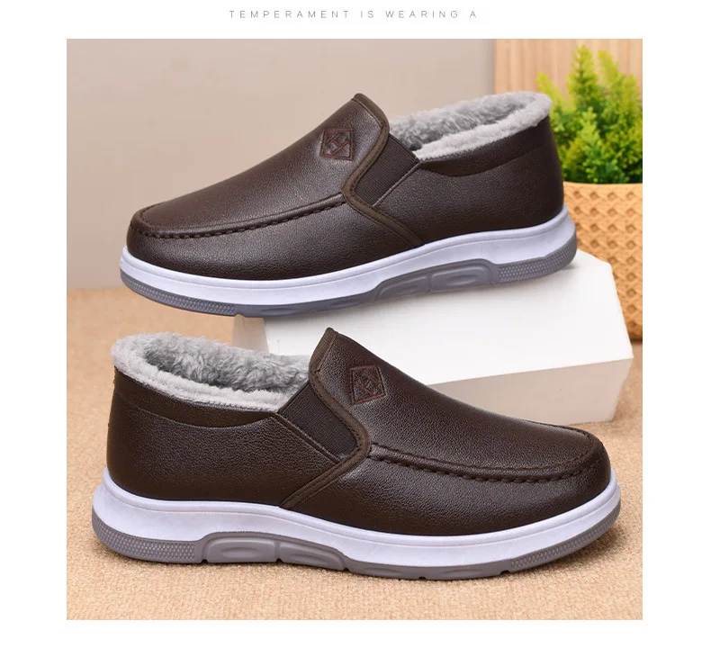 Herren-Winterschuhe mit Fleece-Futter, lässiger Schnitt, zum Hineinschlüpfen, wasserdichtes PU-Obermaterial, rutschfeste, dicke Sohle, warmes Schuhwerk für ältere Herren. – Detail 12